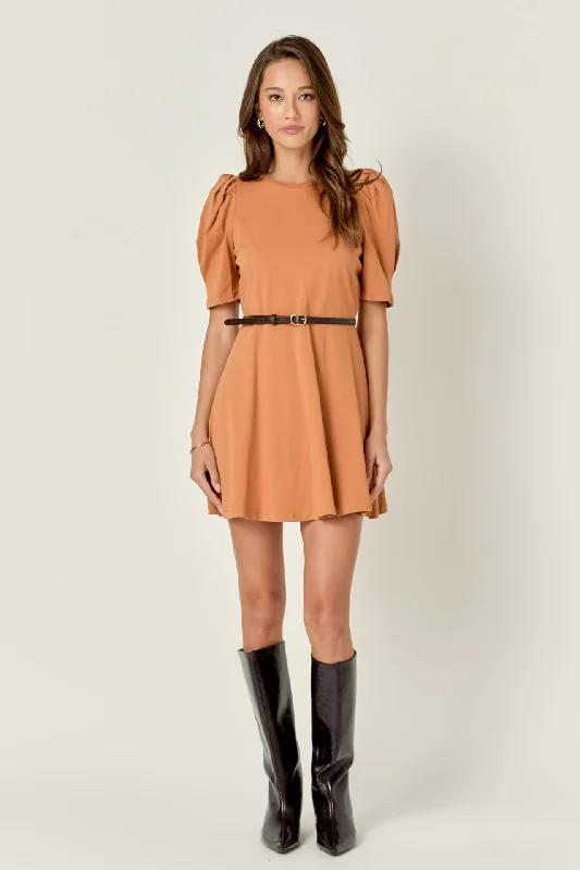 English Factory - Short Puff Sleeve Mini Dress Classic Solid Mini Dress