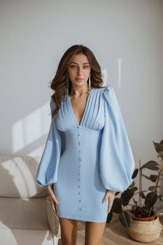 Sky-Blue Backless Puff Sleeve Mini Dress Comfortable Shift Mini Dress