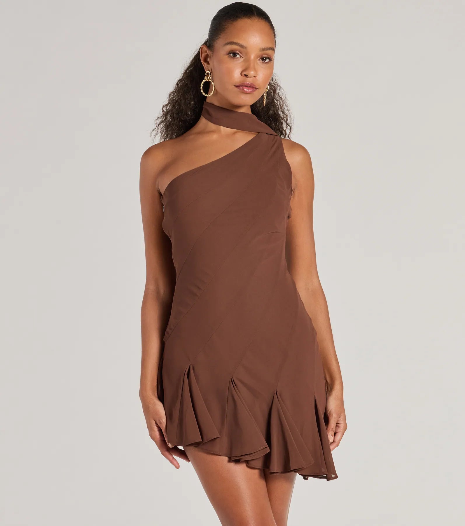 Sleek And Elevated Chiffon Scarf Neck Mini Dress Fashionable Boho-Chic Mini Dress