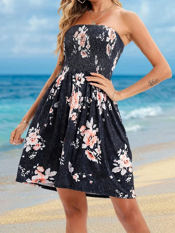 Full Size Smocked Printed Tube Mini Dress Comfortable Polka Dot Mini Dress
