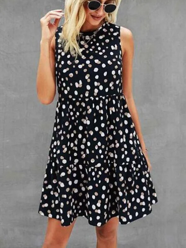 Sleeveless Round Neck Polka Dot Mini Dress Casual Mini Dress with Pockets