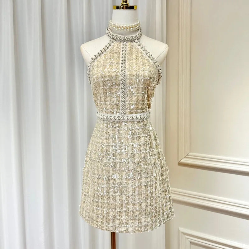 Trendy Small Fragrant Tweed Sleeveless Mini Dress Cozy Knitted Mini Dress