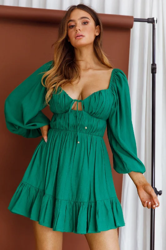 Vista Del Mar Tied Bust Mini Dress Dark Green Trendy Mini Dress with Belt