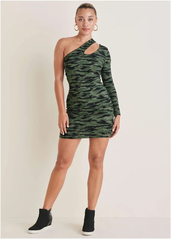 One-Shoulder Cutout Mini Dress - Rebel Camo Cozy Cowl Neck Mini Dress