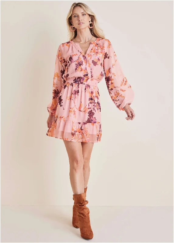Long Sleeve Floral Mini Dress - Winter Floral Elegant Vintage Mini Dress