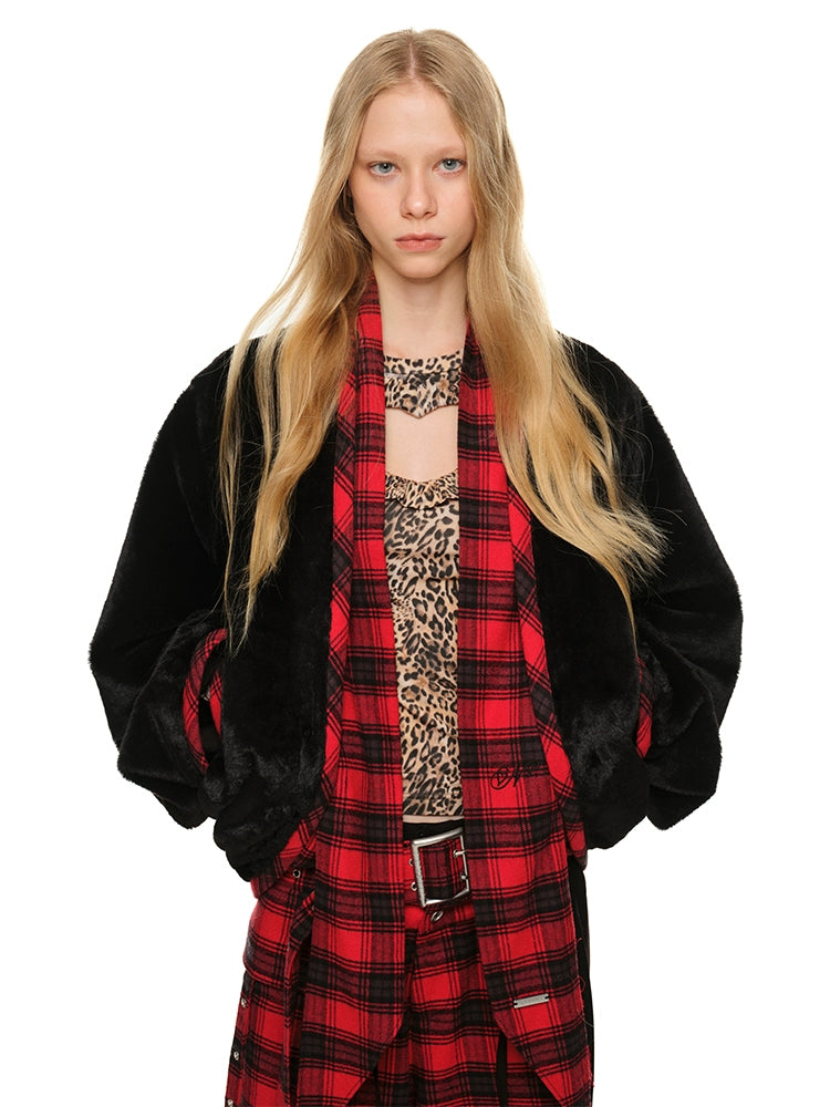 Short Color-Block Rabbit Fur Tie Jacket One-Shoulder Jacket Off-the-Shoulder Jacket Asymmetrical Jacket Short Color-Block Rabbit Fur Tie Jacket One-Shoulder Jacket Off-the-Shoulder Jacket Asymmetrical Jacket