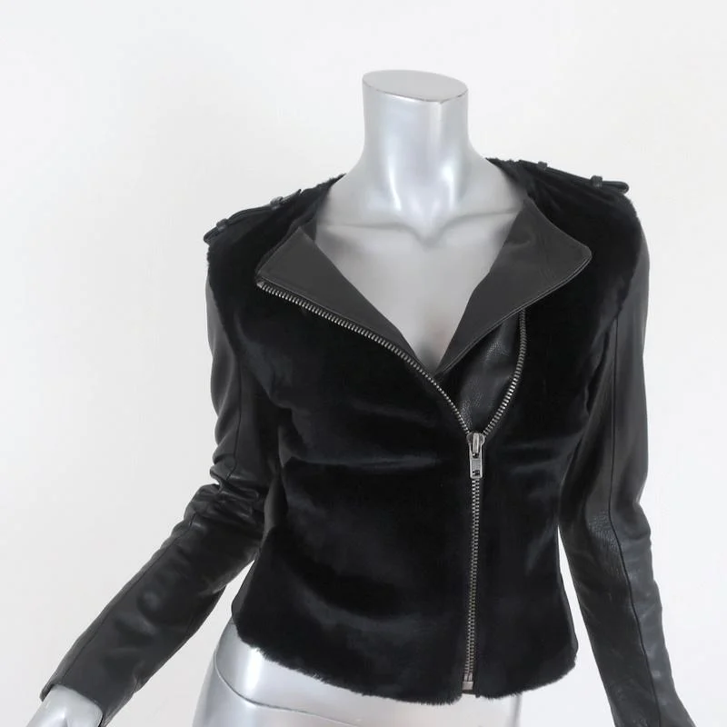 A.L.C. Moto Jacket Sadie Black Leather & Kangaroo Fur Size 2 Snapped Jacket Toggled Jacket Drawstring Jacket A.L.C. Moto Jacket Sadie Black Leather & Kangaroo Fur Size 2 Snapped Jacket Toggled Jacket Drawstring Jacket