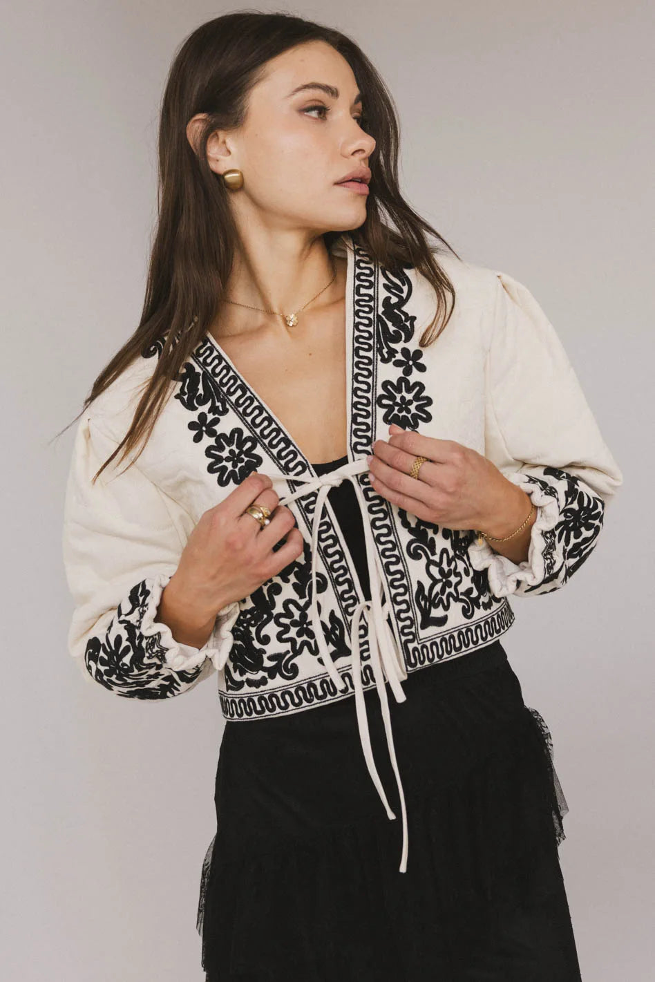Benja Embroidered Jacket in Ivory Belted Jacket Elasticated Jacket Padded Jacket