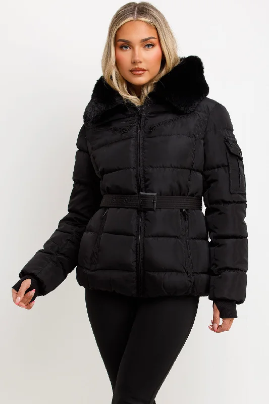 Black Faux Fur Hood Jacket With Belt Lace Jacket Ribbed Jacket Sequined Jacket