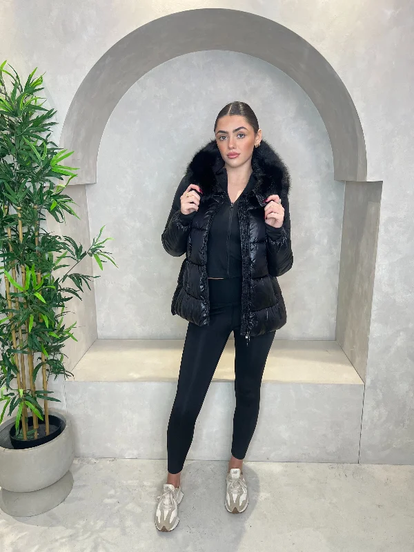 Black Faux Fur Hood Puffer Jacket Tailored Jacket Straight Jacket A-Line Jacket