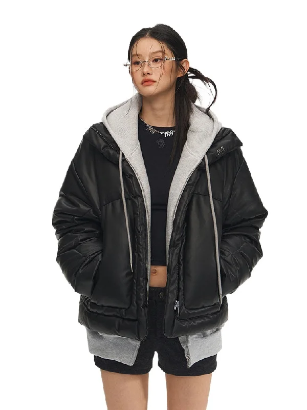 Black Loose Thickened Down Jacket Zip Front Button Front Snap Front