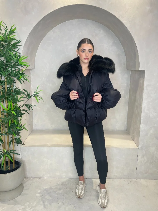 Black Luxury Fur Collar Jacket Front Pockets Side Pockets Patch Pockets