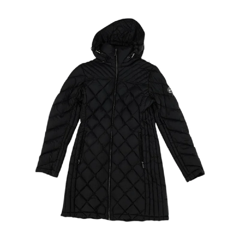 Black Solid Puffer Jacket Front Pockets Side Pockets Patch Pockets