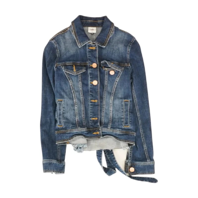 Blue Solid Denim Jacket Notch Collar Peter Pan Collar Cowl Neck