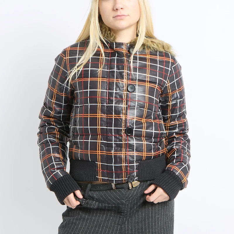 Boosley Checked Fur Trim Puffer Jacket - UK 12 Faux Fur Jacket Real Fur Jacket Shearling Jacket Boosley Checked Fur Trim Puffer Jacket - UK 12 Faux Fur Jacket Real Fur Jacket Shearling Jacket
