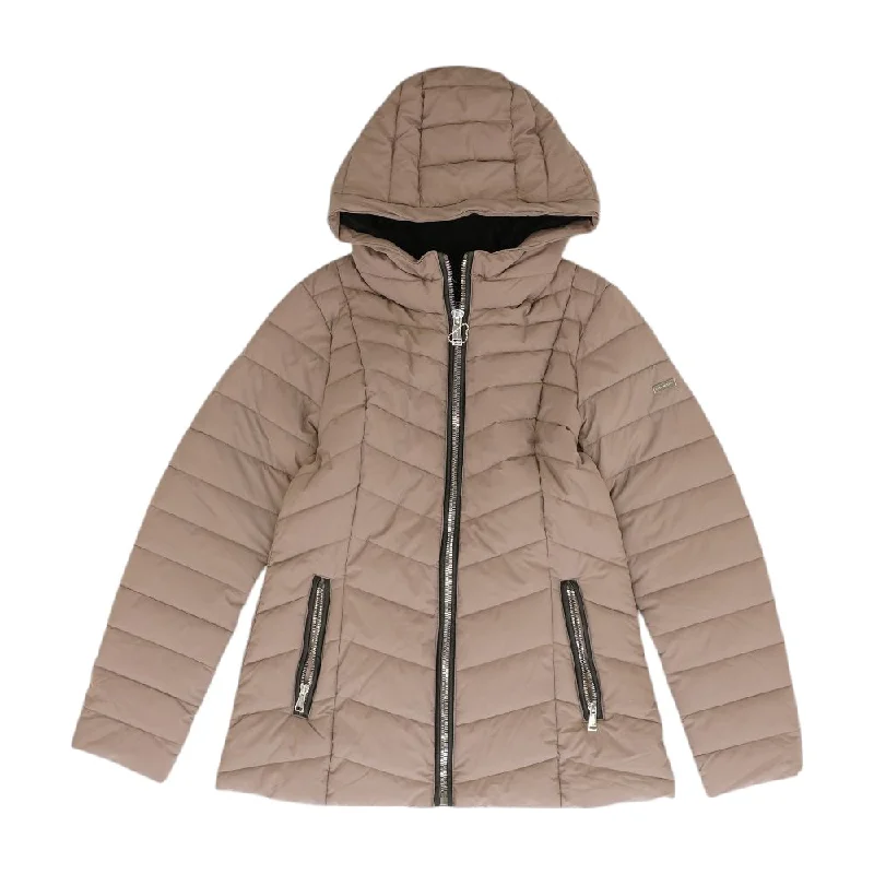 Brown Solid Puffer Jacket Bomber Jacket Anorak Windbreaker