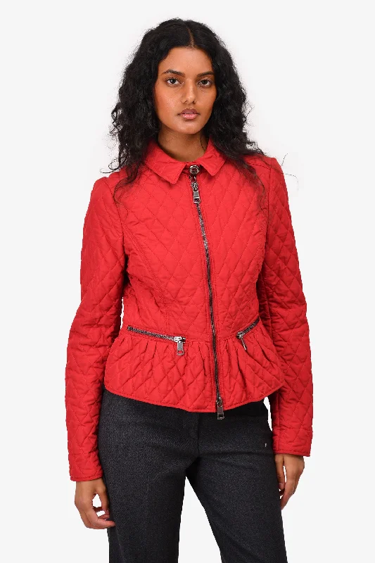 Burberry Red Nylon Quilted Jacket Size 6 Herringbone Jacket Checkered Jacket Solid Jacket Burberry Red Nylon Quilted Jacket Size 6 Herringbone Jacket Checkered Jacket Solid Jacket