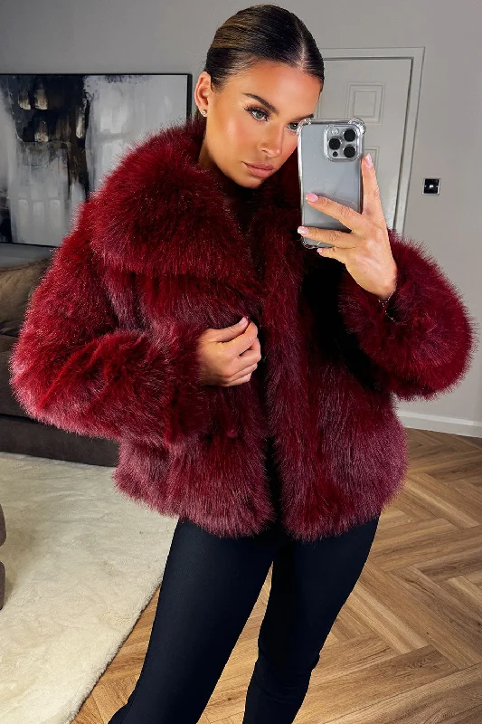 Burgundy Faux Fur Short Plush Jacket Satin Jacket Silk Jacket Chiffon Jacket