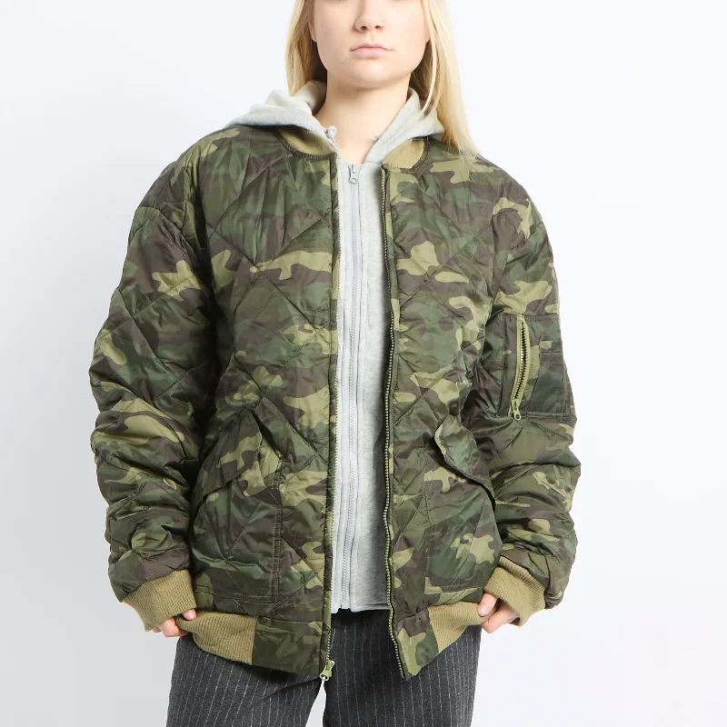 Camo Hooded Bomber Jacket - UK 14 Tailored Jacket Straight Jacket A-Line Jacket