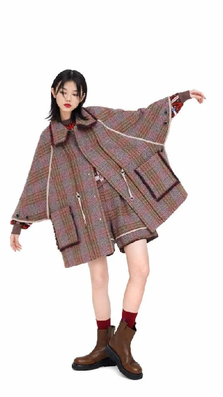 Checkers Cape Jacket Fleece Fabric Down Fabric Feather Fabric