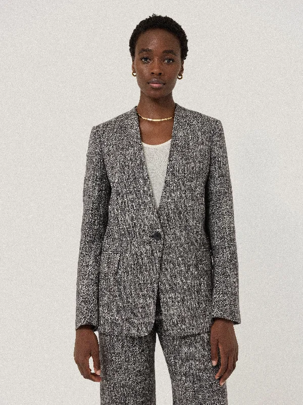 Collarless Boucle Jacket | Grey Mesh Jacket Canvas Jacket Denim Jacket