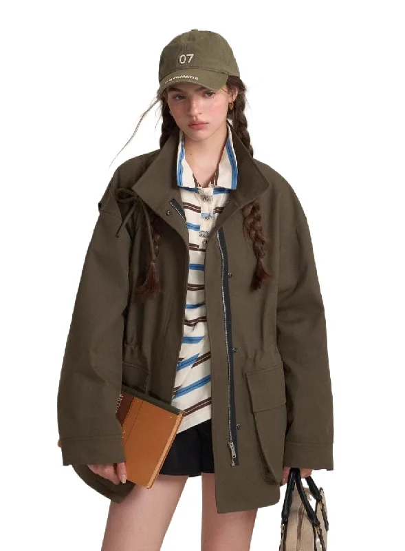 Drawstring Bow Double Zipper Field Jacket Notch Collar Peter Pan Collar Cowl Neck