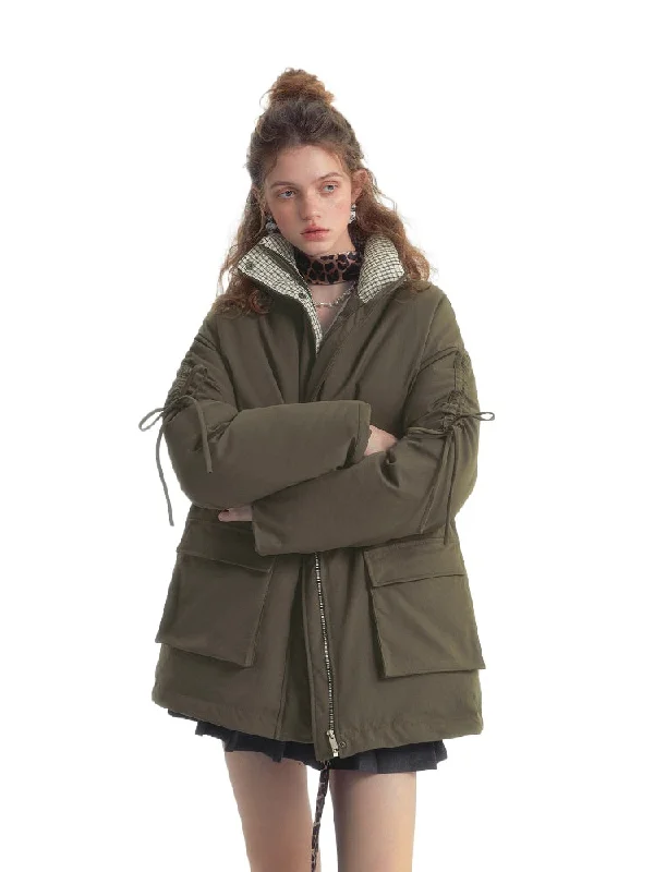 Drawstring Bow Outdoor Down Jacket Wool Jacket Cashmere Jacket Tweed Jacket