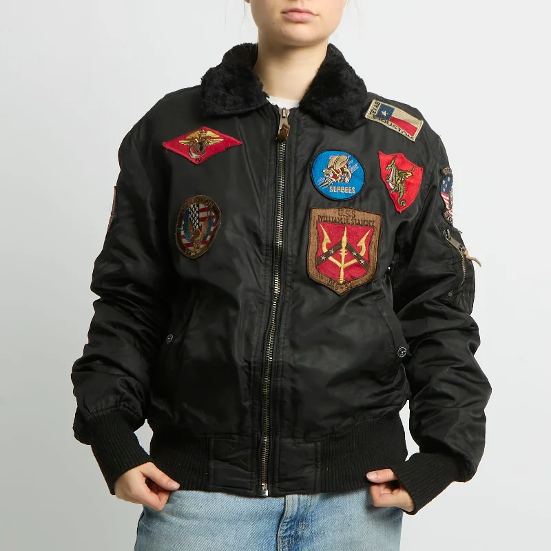 Fur Collar Badge Detail Bomber Jacket - UK 12 Satin Jacket Silk Jacket Chiffon Jacket Fur Collar Badge Detail Bomber Jacket - UK 12 Satin Jacket Silk Jacket Chiffon Jacket