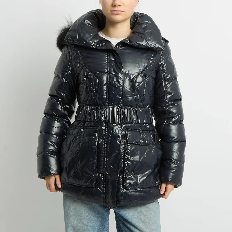 Fur Hood Belted Puffer Jacket - UK 10 Zippered Jacket Buttoned Jacket Snapped Jacket Fur Hood Belted Puffer Jacket - UK 10 Zippered Jacket Buttoned Jacket Snapped Jacket