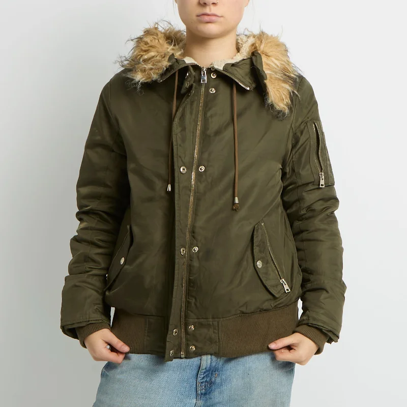 Fur Hood Detail Bomber Jacket - UK 10 Zippered Front Buttoned Front Snap Front