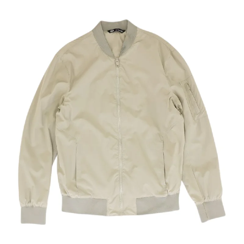 Gray Solid Bomber Jacket Front Pockets Side Pockets Patch Pockets
