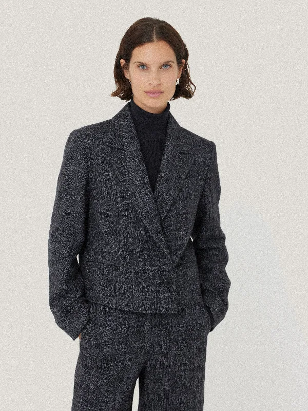 Kelvin Boucle Cropped Jacket | Navy Stand-Up Collar Roll-Neck Collar Turtle Neck