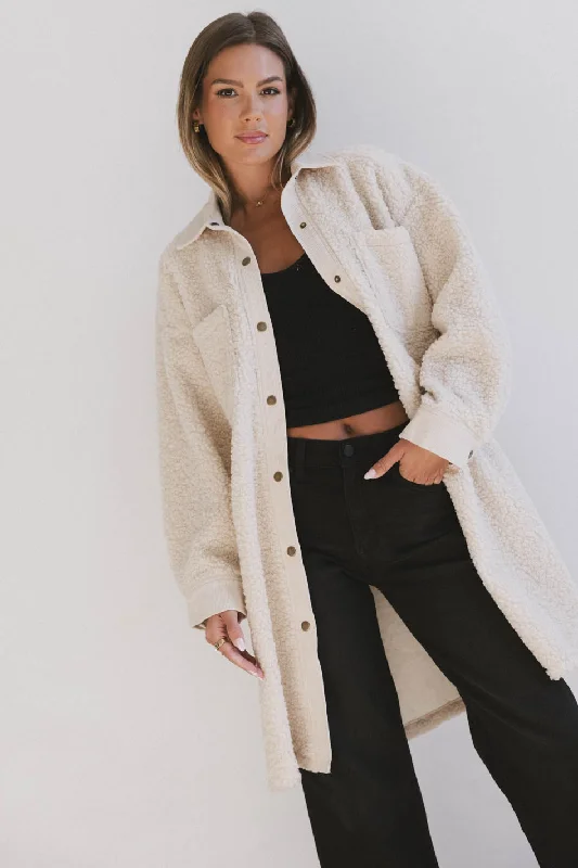 Milandra Sherpa Long Jacket A-Line Jacket Boat Neck Shawl Collar