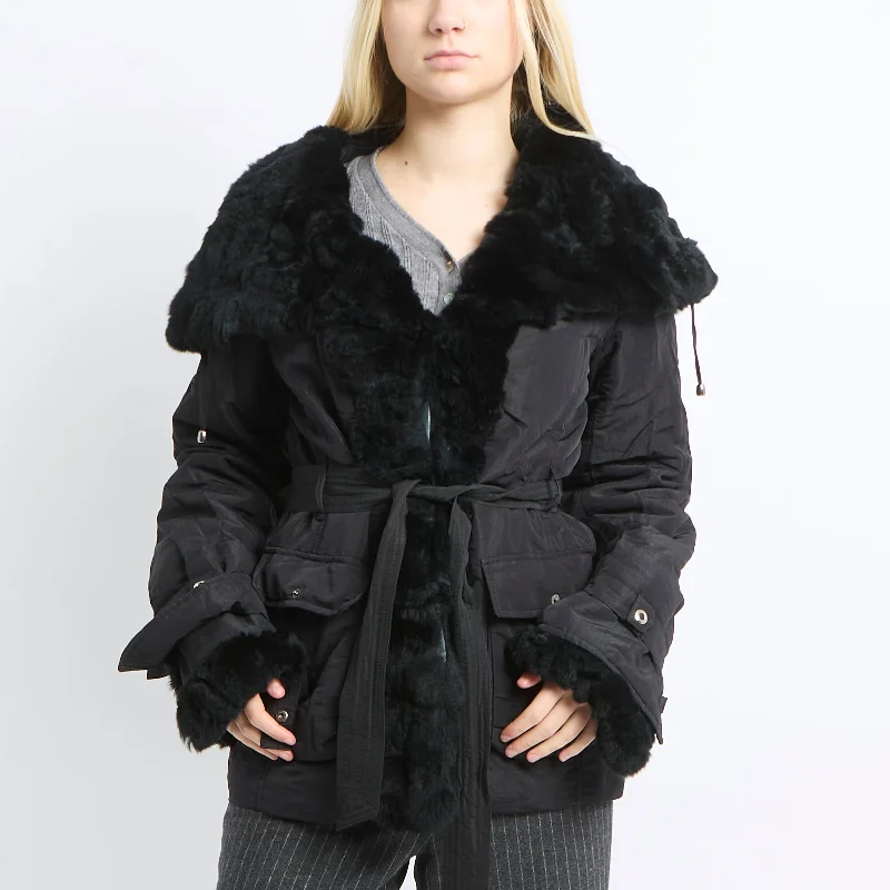Ornella Properi Fur Trim Jacket - UK 12 Notch Collar Peter Pan Collar Cowl Neck