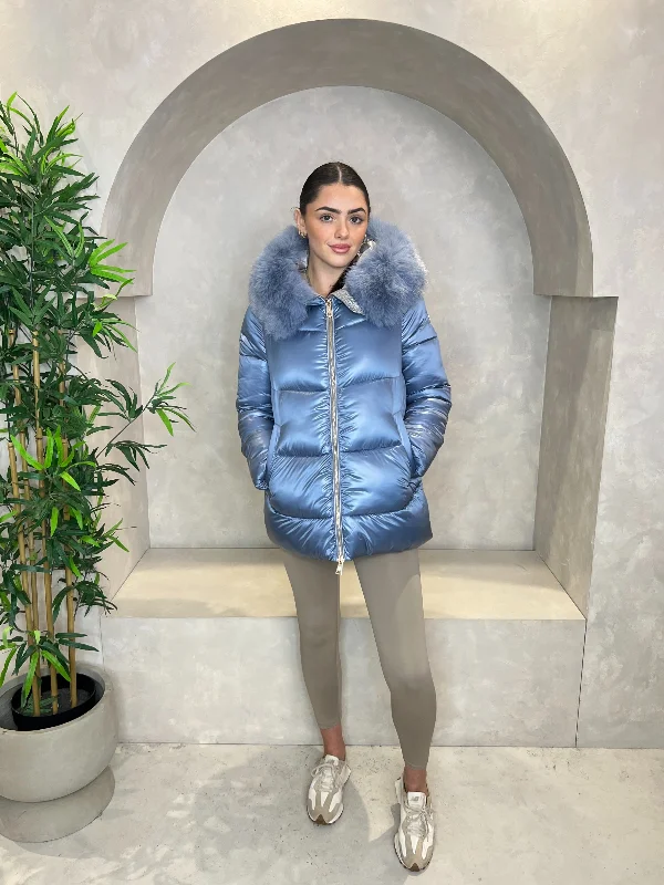 Powder Blue Faux Fur Hood Puffer Jacket Wool Fabric Cashmere Fabric Tweed Fabric
