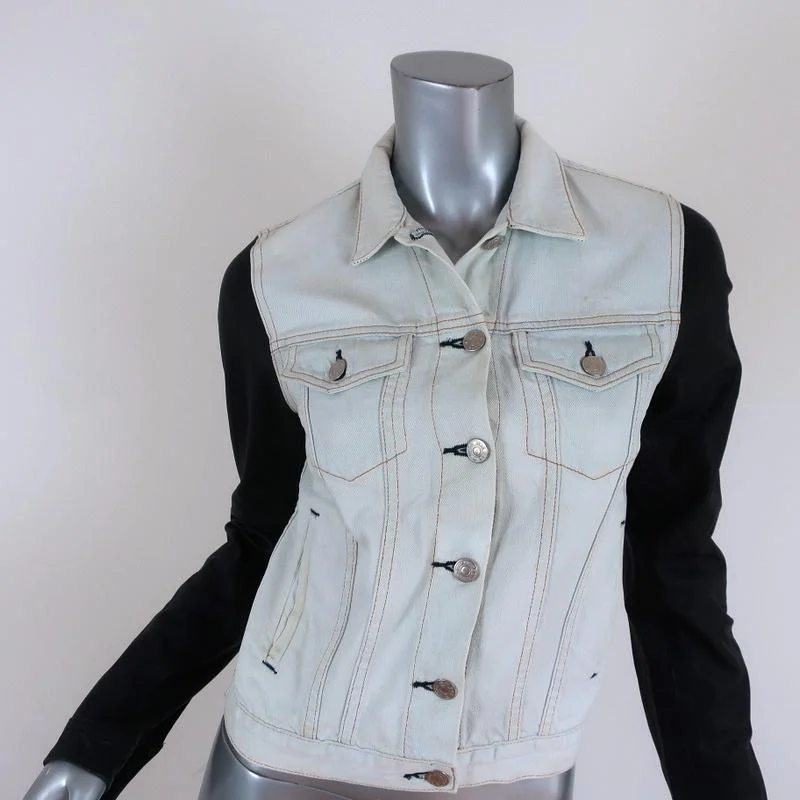 Rag & Bone/JEAN Jean Jacket with Leather Sleeves Bleach Out/Black Size Small Front Pockets Side Pockets Patch Pockets Rag & Bone/JEAN Jean Jacket with Leather Sleeves Bleach Out/Black Size Small Front Pockets Side Pockets Patch Pockets
