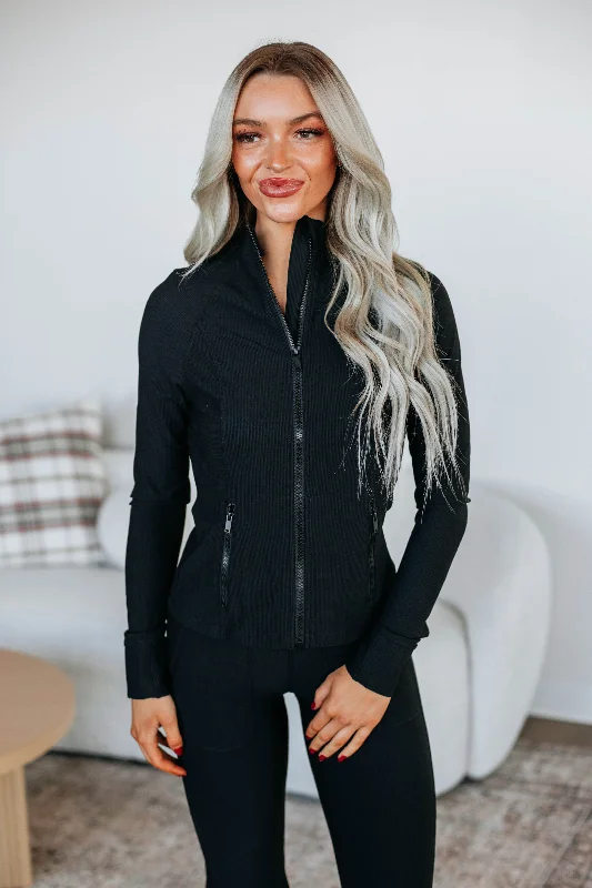 Rixie Ribbed Active Jacket - Black Stand-Up Collar Roll-Neck Collar Turtle Neck