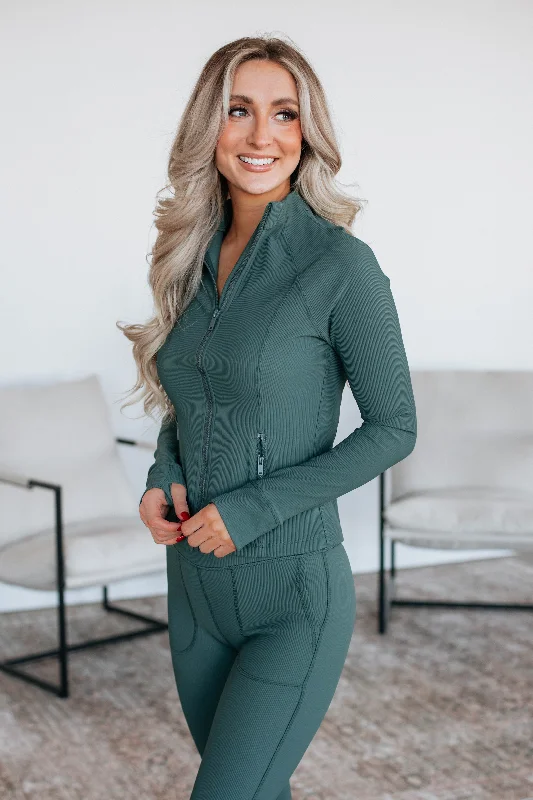 Rixie Ribbed Active Jacket - Spruce Tiered Jacket Buttoned Jacket Zippered Jacket