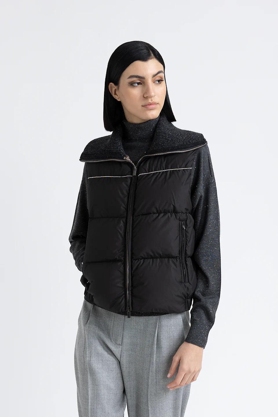Sleeveless Goose Down Jacket - Graphite A-Line Jacket Boat Neck Shawl Collar