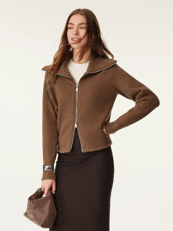 Spread Collar Two-Way Zip Knit Jacket Boat Neck Shawl Collar Notched Collar