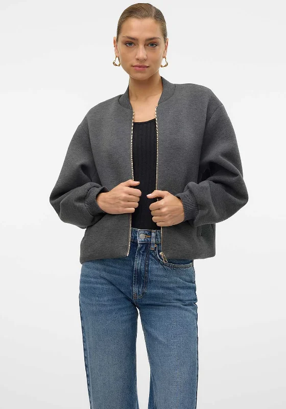 Vero Moda Karen Short Bomber Jacket, Grey Fleece Fabric Down Fabric Feather Fabric