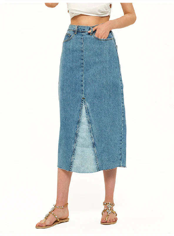 HIGH WAIST COLOR MATCHING DENIM SKIRT belted skirt waist