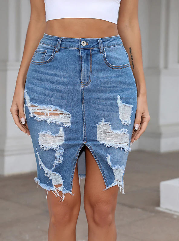 SLIM-FIT JEANS PIERCED TASSEL SKIRT elastic waist skirt
