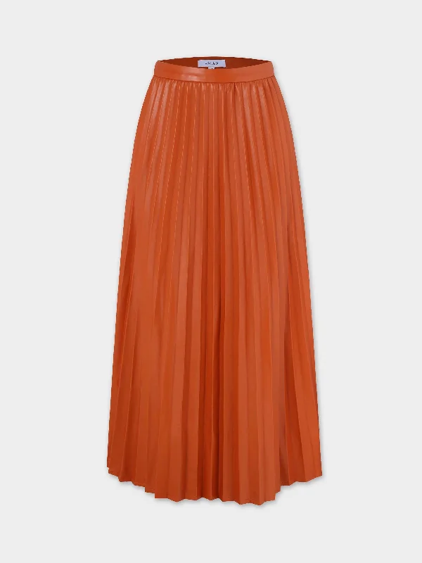 Accordion Pleated Faux Leather Skirt-Cognac slim fit skirt