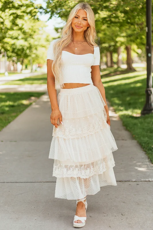 Almond Ruffle Swiss Dot Tulle Midi Skirt velvet skirt luxurious
