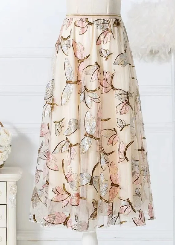 Apricot Butterfly Chic High Waist Tulle Skirts Embroidered Spring midi skirt versatile