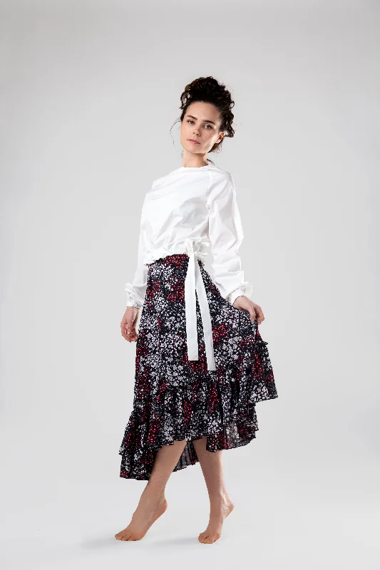 Asymmetrical Skirt - Floral ribbed skirt waist