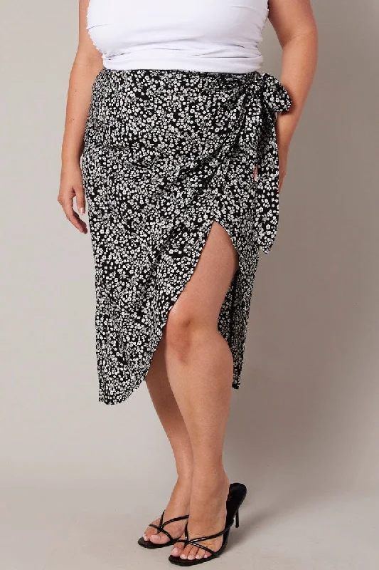 Black Ditsy Frill Wrap Midi Skirt button skirt front