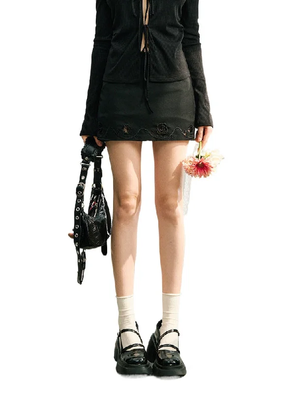 Black & White Embroidered Hollow Out Skirt ribbed skirt waist