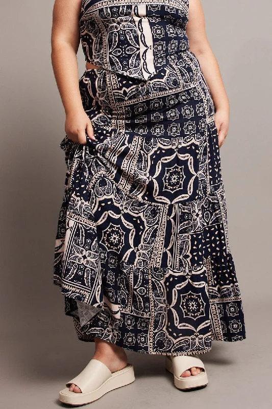 Blue Abstract Tiered Maxi Skirt belted skirt waist